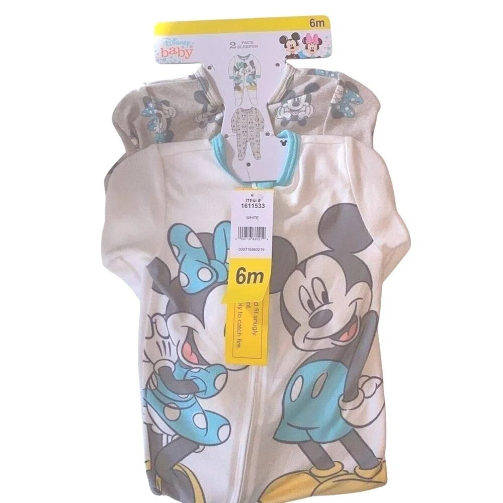 Disney Mickey Minnie‎ Mouse 2 Pack Footed Sleeper Pajamas White Gray 6M New!